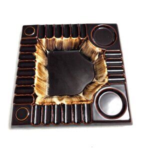 Vintage MCM Large Ceramic Ashtray Brown/Tan Drip Glaze 10.25" Square VGC